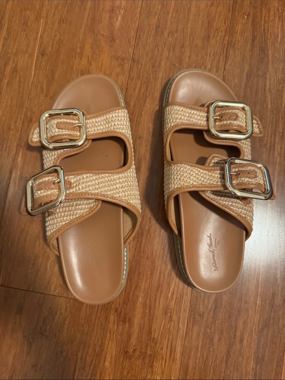 Universal Thread Tan Woven Slide Sandals with Gold Buckles